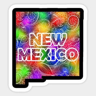 Colorful mandala art map of New Mexico with text in multicolor pattern Sticker